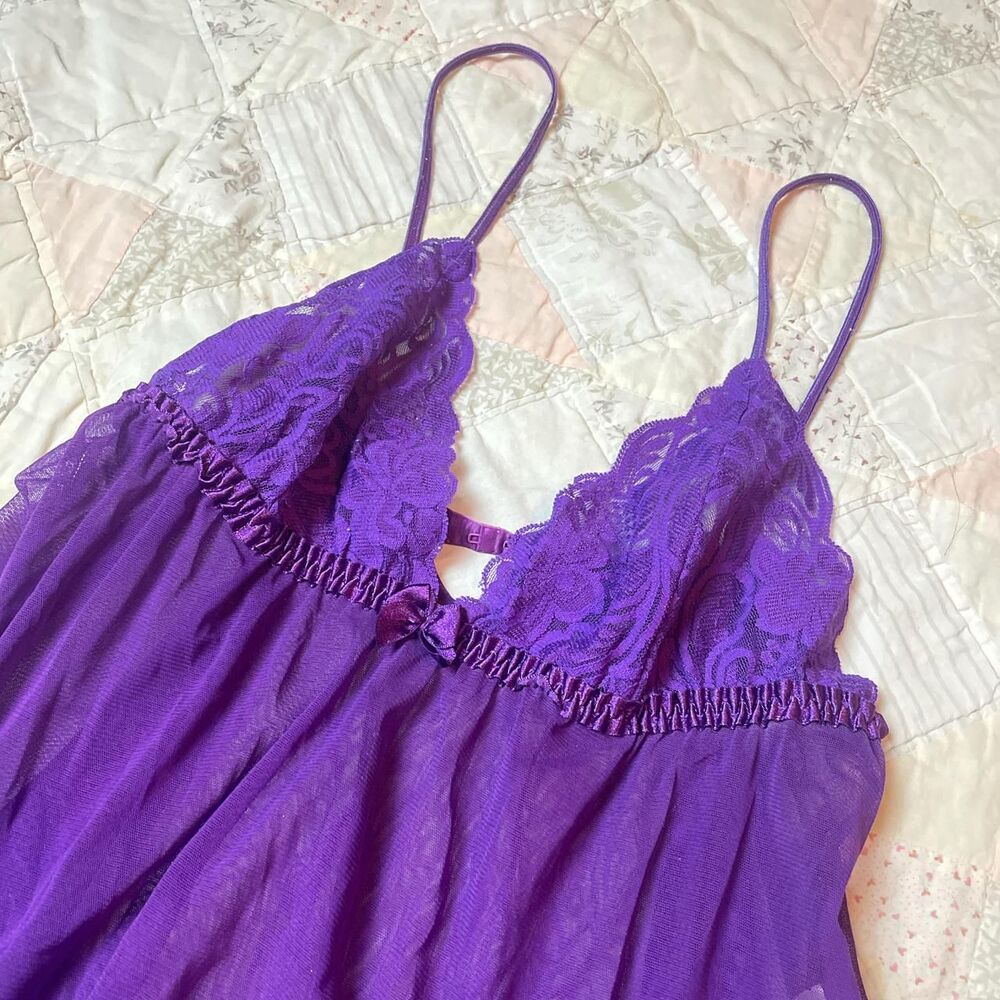 frederick’s of hollywood royal purple floral lace fairy cami slip dress large - Picture 2 of 7